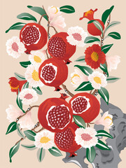 Vector Illustration of a Flowering and Fruiting Pomegranate Tree in Traditional Korean Minhwa Style
