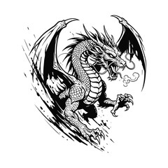 Fierce Dragon Illustration – Epic Fantasy Tattoo Style Mythical Creature Art