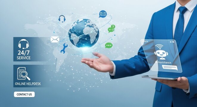 A man in a blue suit holding a tablet with a virtual interface and a globe with a network of icons and arrows.