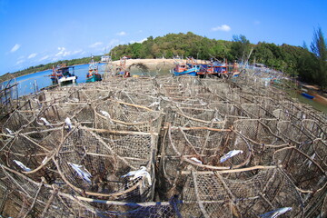 Groups of traditional traps for capture fisheries and seafood at the coast in Chumpon,Thailand