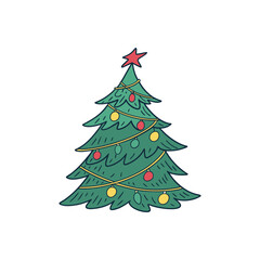 Cartoon christmas tree with red star and ornaments