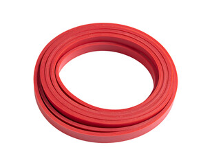 Coiled red rubber band roll, flexible sealing strip circular stack, product detail, on isolated background