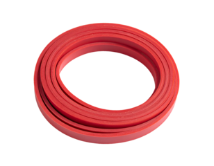 Coiled red rubber band roll, flexible sealing strip circular stack, product detail, on isolated background
