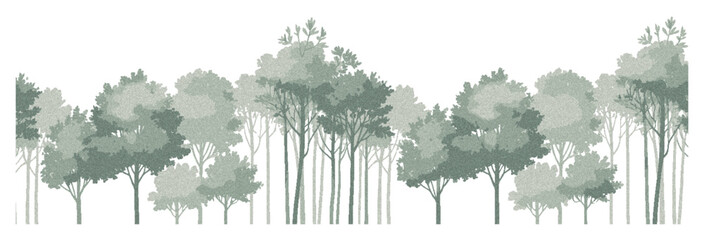 Fototapeta premium Architectural vector illustration of minimal CAD trees and wetland forest outlines, side-view line drawing elements for professional landscape design, garden planning, and elevation presentations.