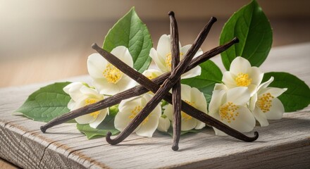 Vanilla beans and flowers on a wooden surface.
