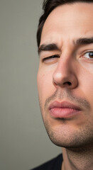 Fototapeta premium Confident young man with dark hair squinting and looking forward against neutral background, expressing skepticism and curiosity