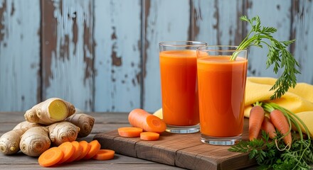 Freshly squeezed carrot and ginger juice served in tall glasses