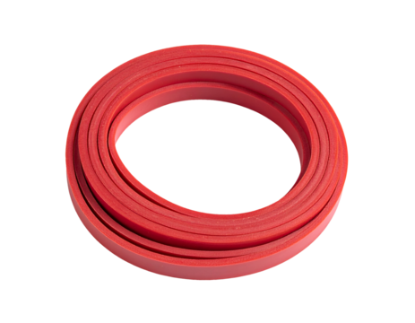 Coiled red rubber band roll, flexible sealing strip circular stack, product detail, on isolated background
