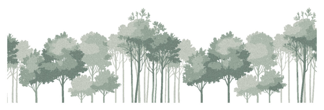 Architectural vector illustration of minimal CAD trees and wetland forest outlines, side-view line drawing elements for professional landscape design, garden planning, and elevation presentations.