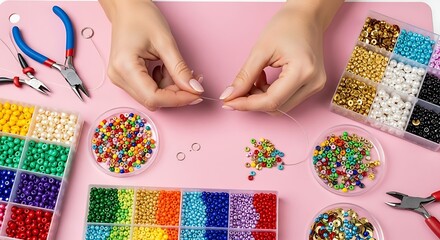 Hands meticulously stringing vibrant beads and crafting jewelry with precision tools and colorful...