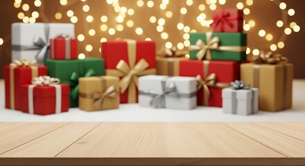 Wood table with christmas presents and lights for product presentation