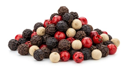 Obraz premium A pile of black, red, and white peppercorns with a white background.