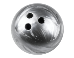 Silver marbled bowling ball with three finger holes, glossy surface, studio close-up product photo, on isolated background