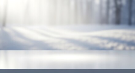 Winter background with snow and blurred trees for product display mockup
