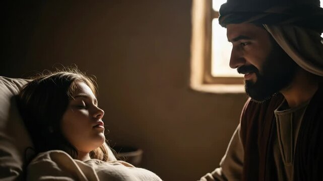 Man healing sick girl in ancient times, biblical scene of miracle, first century healing, footage