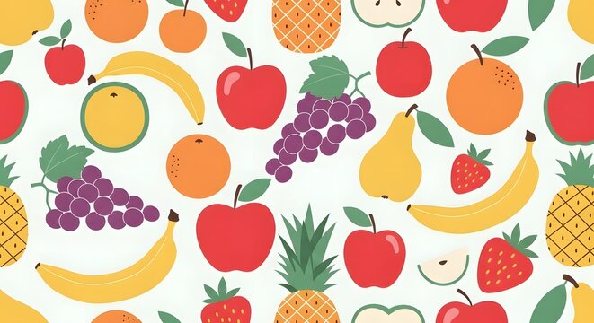 Colorful seamless pattern of various fresh summer fruits illustration.