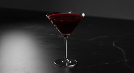 A dark red cocktail in a martini glass on a black marble table.
