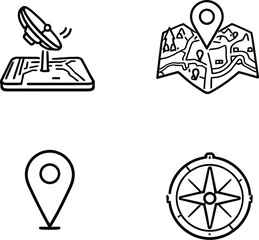 Minimalist Vector Icon Set Depicting Navigation and Location Tools Including GPS, Map, Pin, and Compass in Monochrome Style
