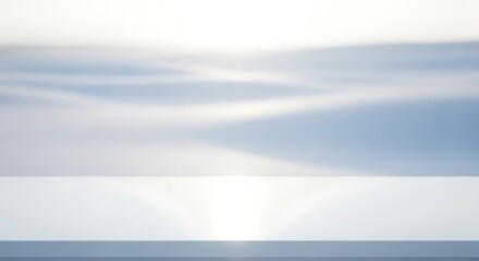 Empty white table top with blurred blue sky background, product display