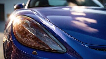 Fototapeta premium Bright reflections on a sleek blue sports car under the warm evening sun