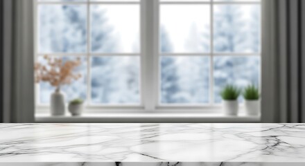 Empty marble table top with blurred winter landscape and christmas decor