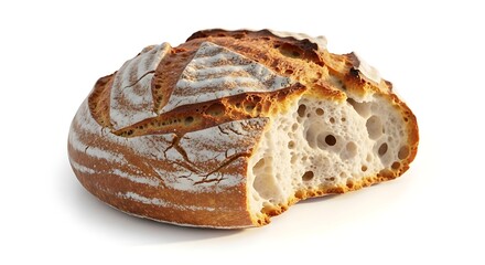 Crusty bread loaf, realistic texture and grain, warm tones, isolated on white.