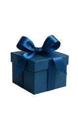 Obraz premium Blue gift box with satin ribbon and bow, luxury packaging isolated on white background