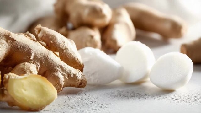 Fresh ginger root with a sliced piece revealing pale yellow flesh on a light surface.