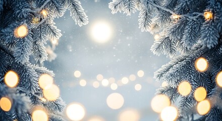 Christmas tree branch with lights and snow, festive winter background