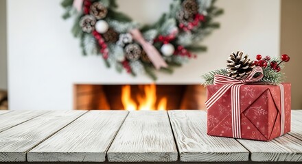 Christmas present on a table with fireplace and wreath in the background