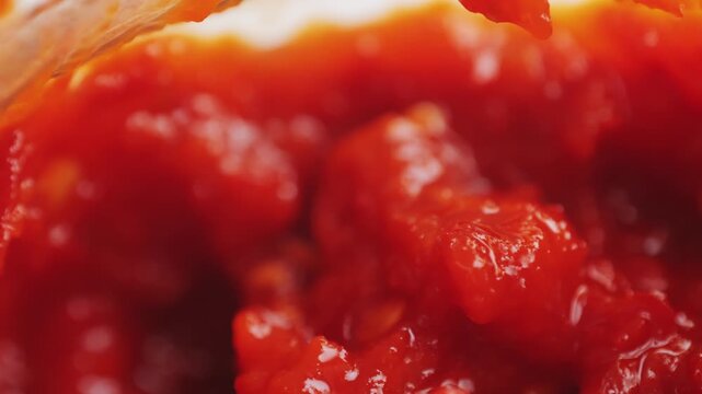 Red pasta of red hot chilli commonly called sambal in spoon, hungarian hot sauce with pepper. 