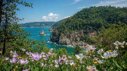 Summer landscape with vibrant green trees, colorful flowers, and shimmering blue waters, showcasing nature's beauty during travel.