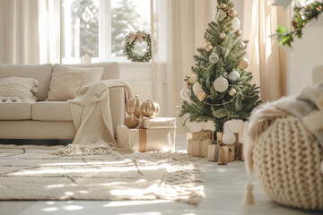 minimalist Scandinavian Christmas living room, small natural tree with wooden ornaments, neutral beige and white tones, daylight through window, cozy and clean aesthetic.