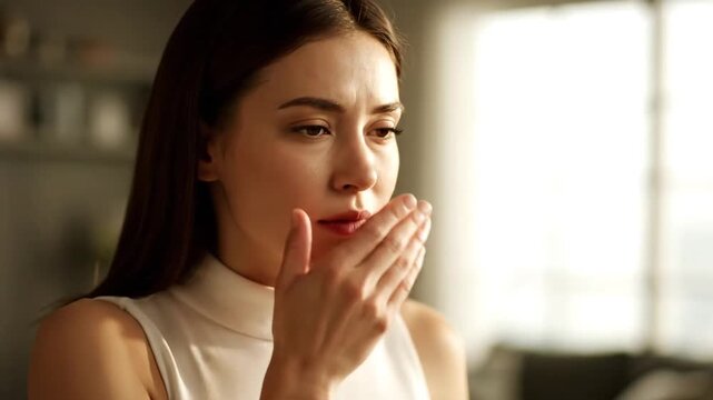 Startled woman covers mouth indoors