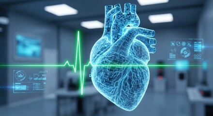A 3D rendering of a human heart with a green heartbeat line in a medical laboratory.