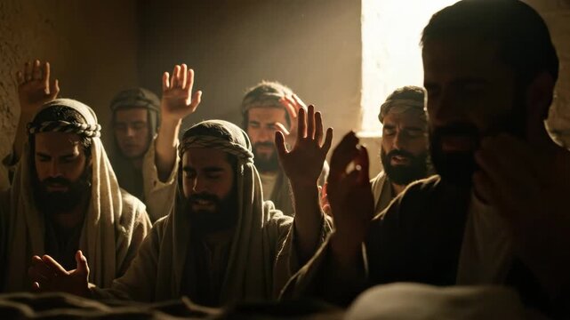 Apostles pray with raised hands in biblical times, a solemn ritual of worship for the early Christian community. Footage.