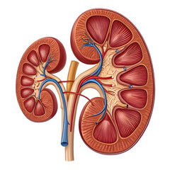 Detailed illustration of human kidney pair isolated on white background, showing anatomical structure for medical, educational,