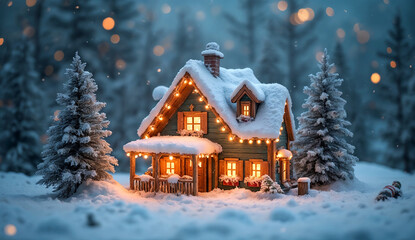 A miniature house snowy winter decorated with bright lights and decorations.