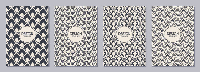 Set of flyers, posters, banners, placards, brochure design templates A6 size. Graphic design templates with scale texture. Fish, snake, dragon scales patterns backgrounds. Vector background.