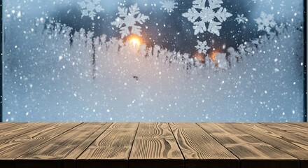 Wooden table with frozen window and snowflakes in winter background