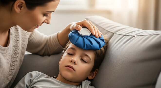 A caring mother places a cold compress on her sick son's forehead as he rests on a sofa, showing concern and comfort during his illness.