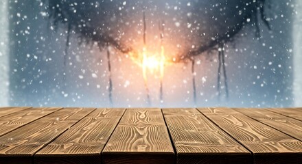 Empty wooden table with blurred winter background and falling snow effect