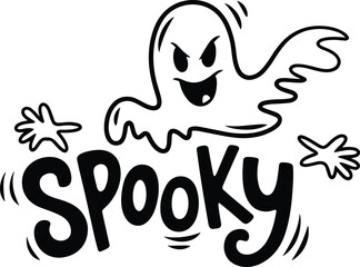 Black and white spooky ghost illustration with bold scary typography, minimalist Halloween design, creepy horror themed artwork for festive decoration