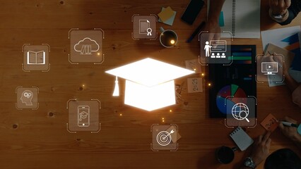 A dynamic workspace featuring a graduation cap surrounded by digital icons symbolizing modern education and collaboration, perfect for illustrating innovative learning. Raster