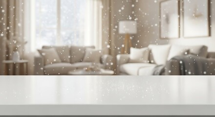 White table top with blurred living room and falling snow background