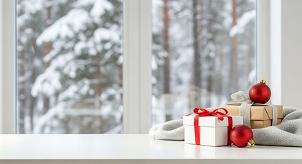 Christmas gifts and decorations on table against snowy window