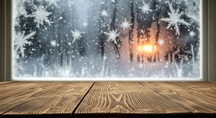 Wooden table with blurred window and snowflakes for winter background