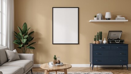 Elegant personal accessories and a black mock up poster frame are included in this stylish living room with a phonograph, avocado plant, cacti, and a blue navy commode. Tan walls. Modern