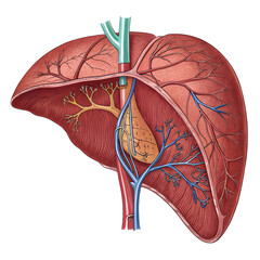 Detailed illustration of human liver isolated on white background, showing internal anatomy and structure for medical