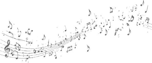 Gray musical notes and staff lines scattered across white background with textured appearance. © appl